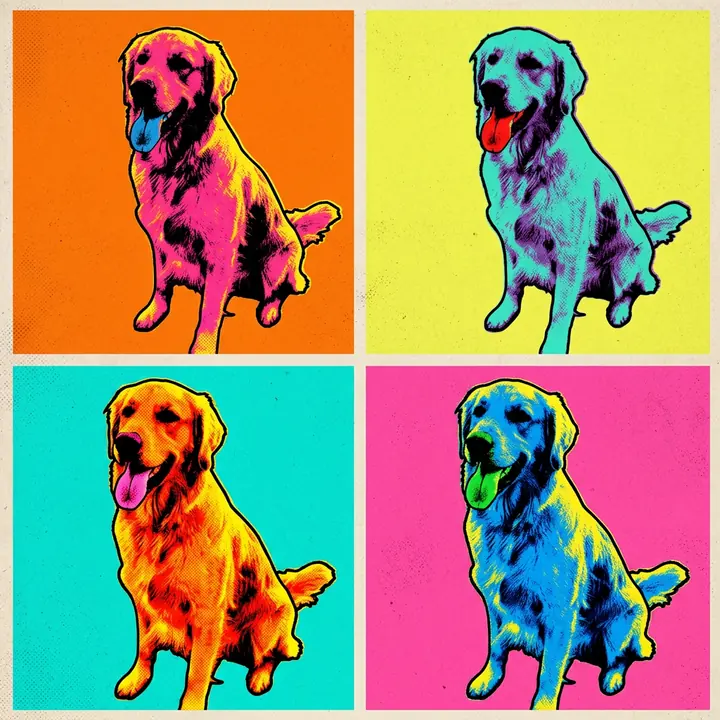 A pop art print of the golden retriever repeated in four panels of hot pink, yellow, turquoise and orange