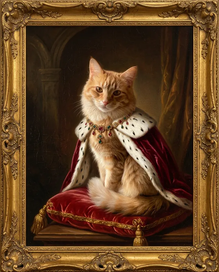 An oil painting of the orange tabby cat in a crimson velvet cape with an ermine collar and a jeweled necklace, in an ornate gold frame