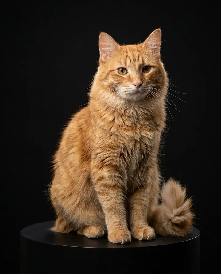 A studio photo of the orange tabby cat sitting on a black pedestal against a black backdrop