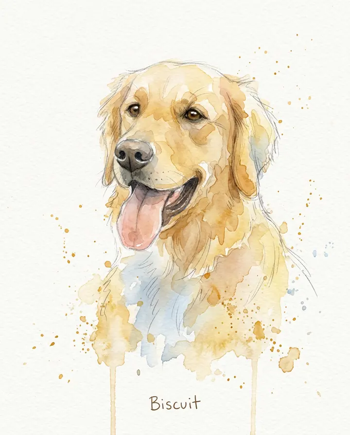 A loose watercolor portrait of the golden retriever with splashes and drips, with Biscuit handwritten underneath