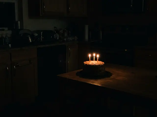 A dark phone photo of a birthday cake with three lit candles on a kitchen table at night, the room almost black (made with the model)