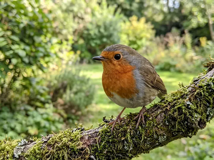 The same robin on the mossy branch, upscaled to 4800 x 3584 pixels