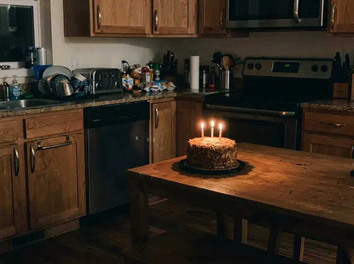 The same birthday cake photo brightened: the lit candles, the wooden table and a kitchen with cabinets and a stove