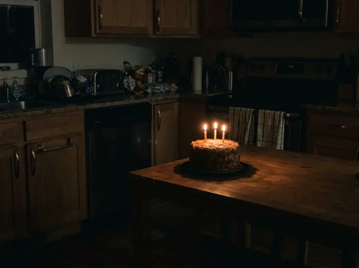 The dark cake photo after the general prompt: a little brighter, still a dim kitchen at night