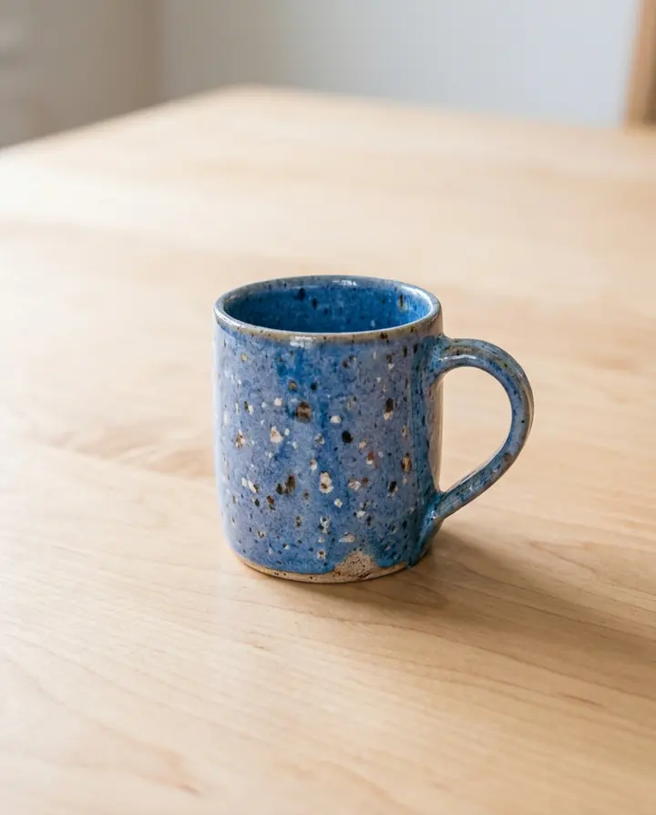 The same blue speckled mug on a plain light wooden table in soft daylight