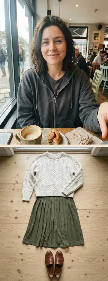 The two photos attached: the woman's cafe selfie on top and the outfit laid out on the floor below (made with the model)