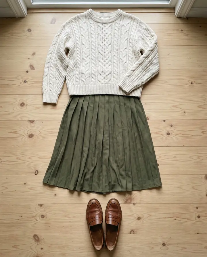 An outfit laid out on a wooden floor: a cream cable-knit sweater, an olive pleated midi skirt and brown loafers (made with the model)