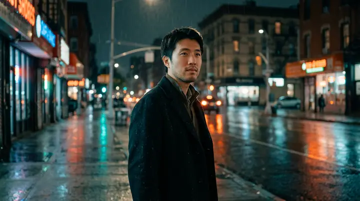 The man in a long dark coat on a wet city street at night, neon reflected in the pavement, in a wide film frame