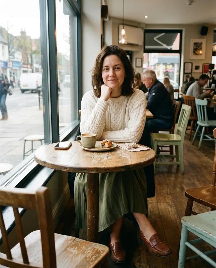 The woman at a cafe table by the window wearing the cream sweater, olive pleated skirt and brown loafers from the outfit photo