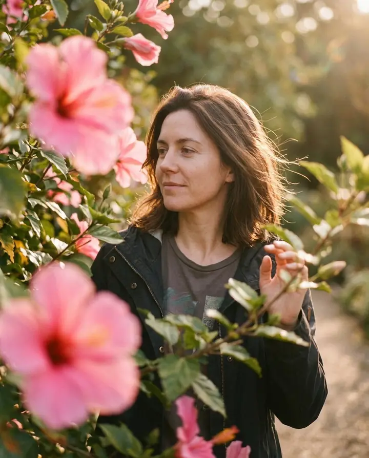 The woman in three-quarter profile behind blurred pink hibiscus flowers in warm, faded film colors