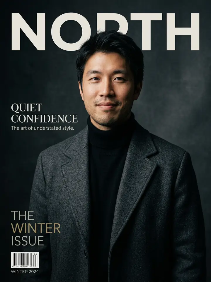 The man on a magazine cover called NORTH in a charcoal overcoat and black turtleneck, with the lines Quiet Confidence and The Winter Issue