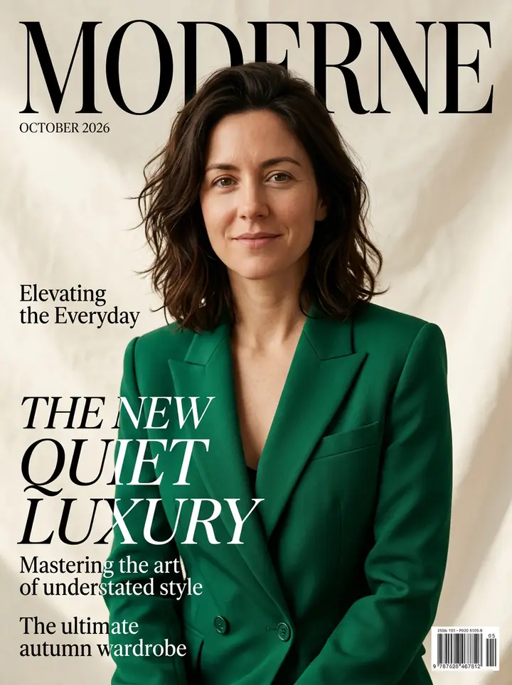 The woman on a magazine cover called MODERNE in an emerald blazer, with the cover line The New Quiet Luxury