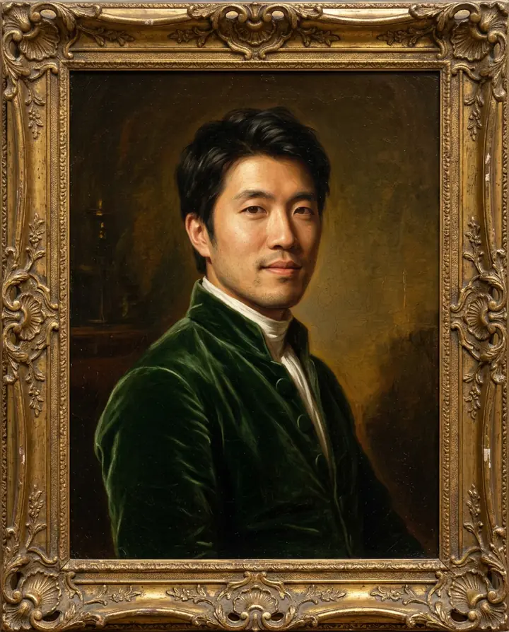 The man painted as a classical oil portrait in a green velvet jacket, in an ornate gilded frame