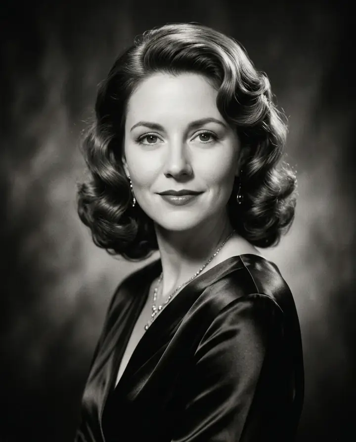 A black-and-white 1940s Hollywood glamour portrait of the woman in a satin dress with softly waved hair