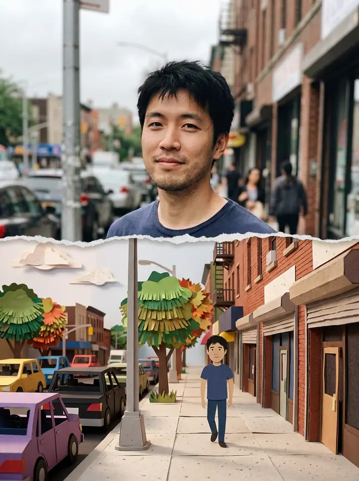 A poster: the man on the street at the top, and below a torn edge the same street in cut paper with a paper version of him