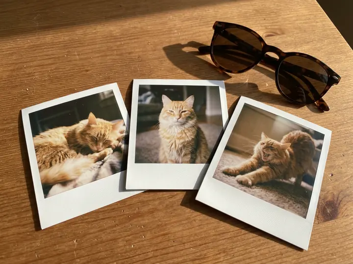 Three instant prints of the orange tabby cat napping, looking at the camera and stretching, on a sunny wooden table with sunglasses