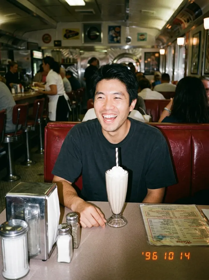 A 90s flash photo of the man laughing in a red diner booth with a milkshake and an orange date stamp
