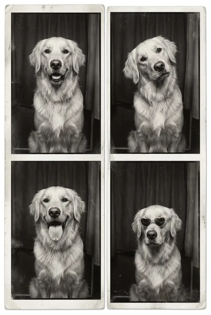 A black-and-white photo booth strip of the golden retriever: looking at the camera, tilting its head, tongue out and in heart-shaped sunglasses