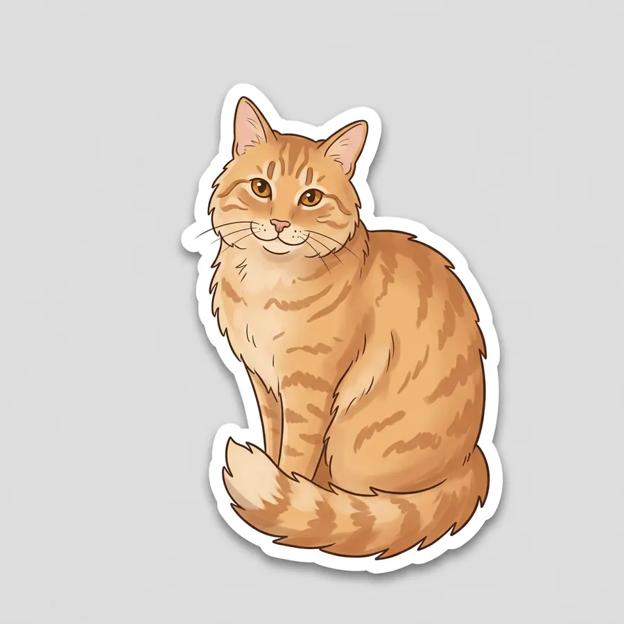 An illustrated die-cut sticker of the orange tabby cat sitting, with a thick white border on a light gray background