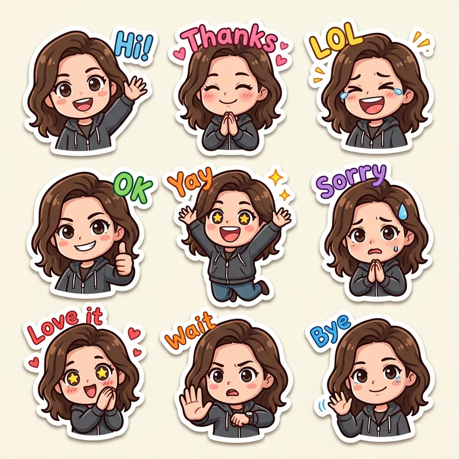 Nine chibi stickers of the woman in a gray hoodie with different expressions and the words Hi!, Thanks, LOL, OK, Yay, Sorry, Love it, Wait and Bye