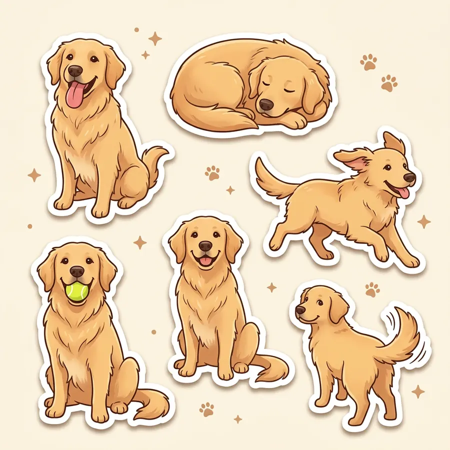 A sticker sheet of six illustrated golden retriever stickers: tongue out, asleep, running, holding a tennis ball, sitting and wagging