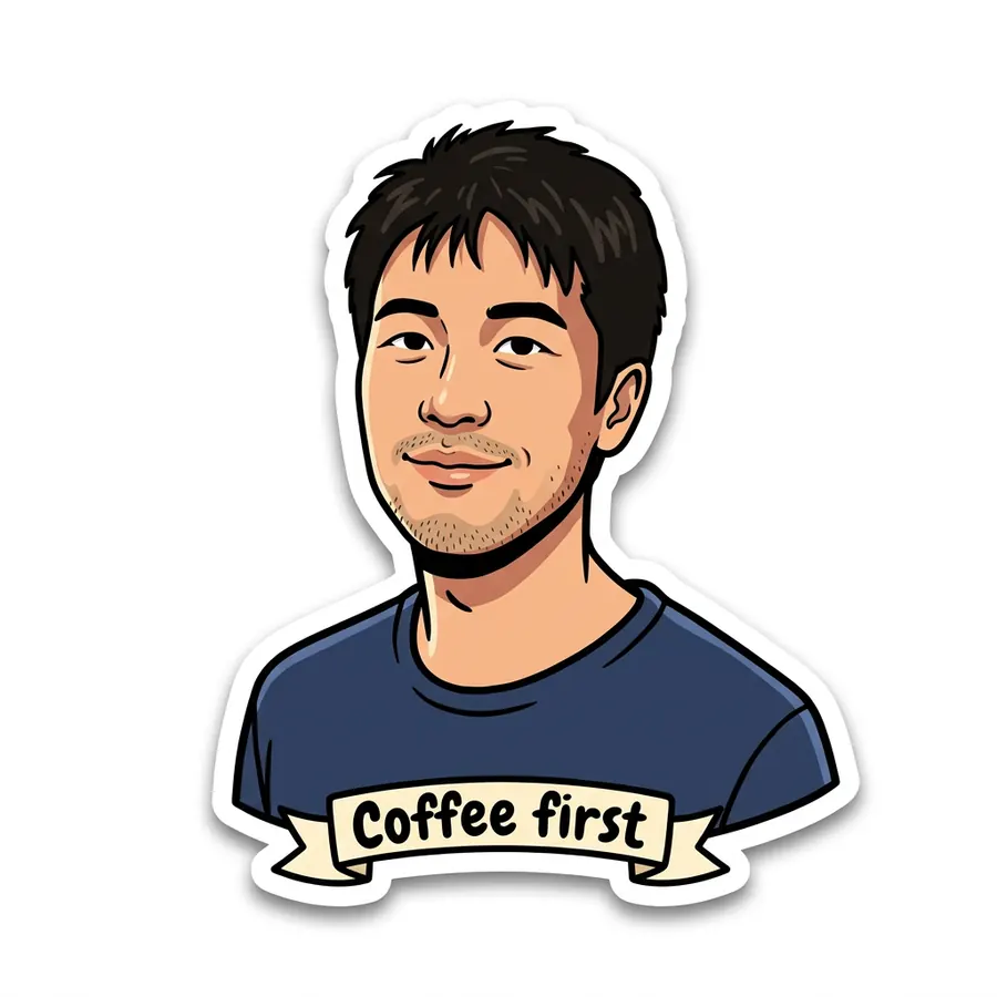 A flat-color illustrated sticker of the man in a navy t-shirt with a thick white border and a banner reading Coffee first