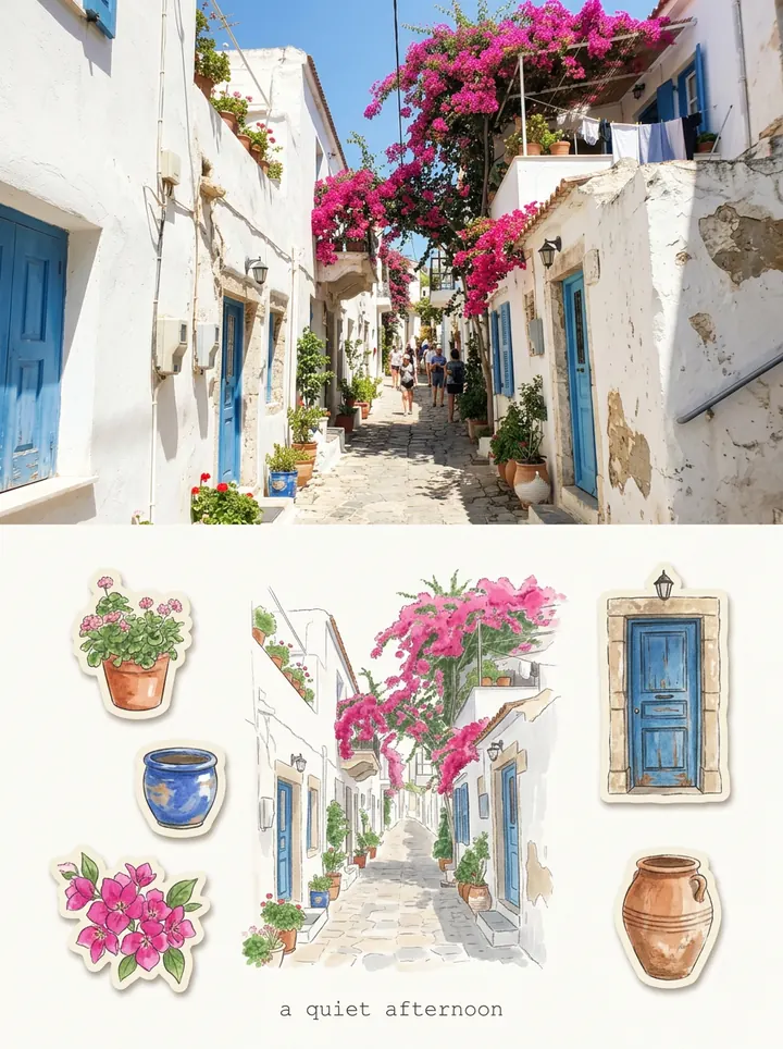 A travel poster with the whitewashed street photo on top and, below, a watercolor drawing of the street with stickers of geraniums, a blue pot, bougainvillea, a blue door and a clay jar