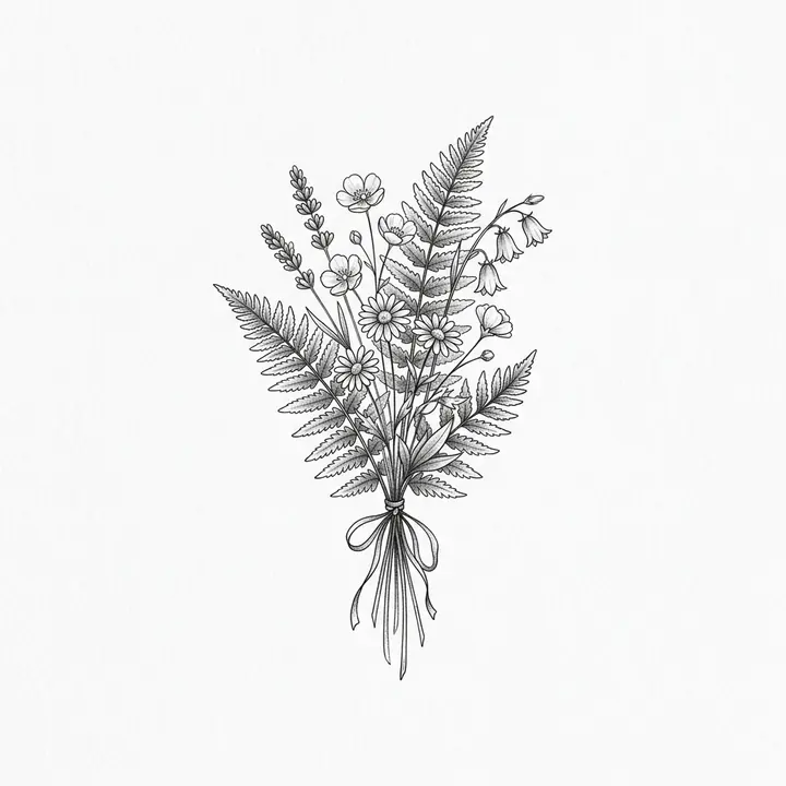 A botanical tattoo design of wildflowers and ferns tied with a thin ribbon, in fine black lines and gray shading