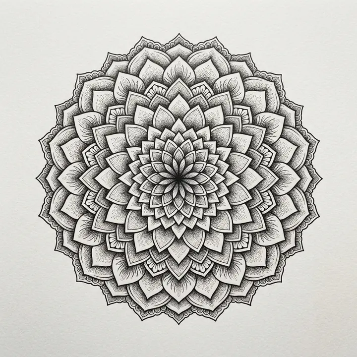 A symmetrical dotwork mandala tattoo design of petals and rings, shaded with fine black dots