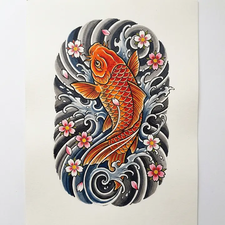 A Japanese-style tattoo design of an orange koi swimming up through blue-gray waves with pink cherry blossoms