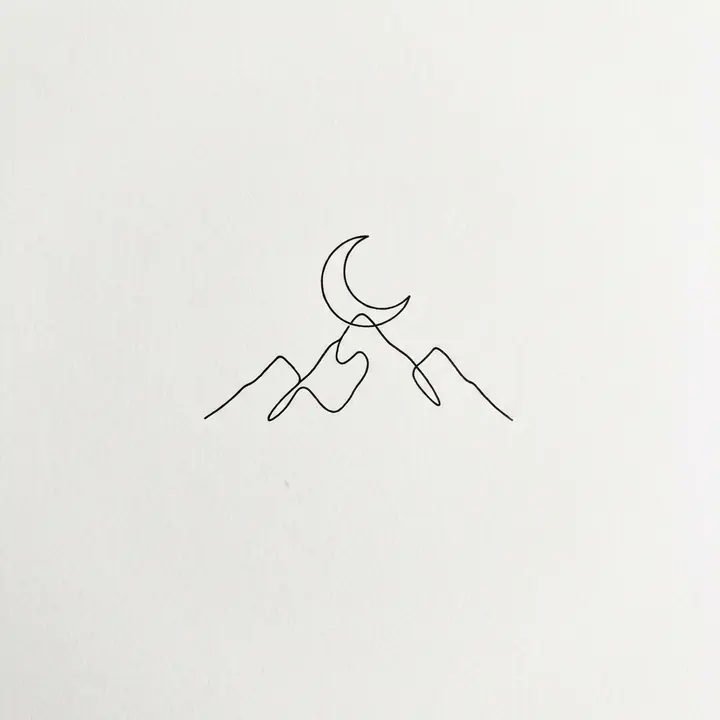 A minimalist tattoo design of three mountain peaks and a crescent moon drawn in one thin black line