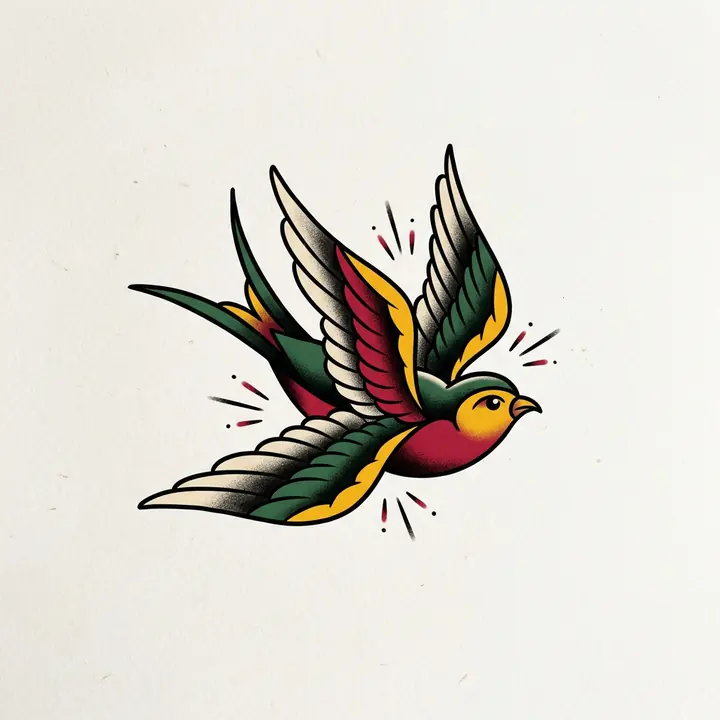 An American traditional tattoo design of a swallow in flight, with bold black outlines and solid red, yellow and green