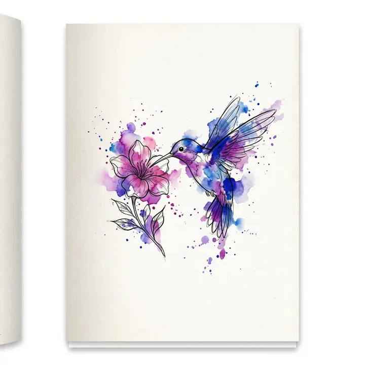 A watercolor tattoo design of a hummingbird at a flower, with blue, purple and pink splashes bleeding past thin outlines