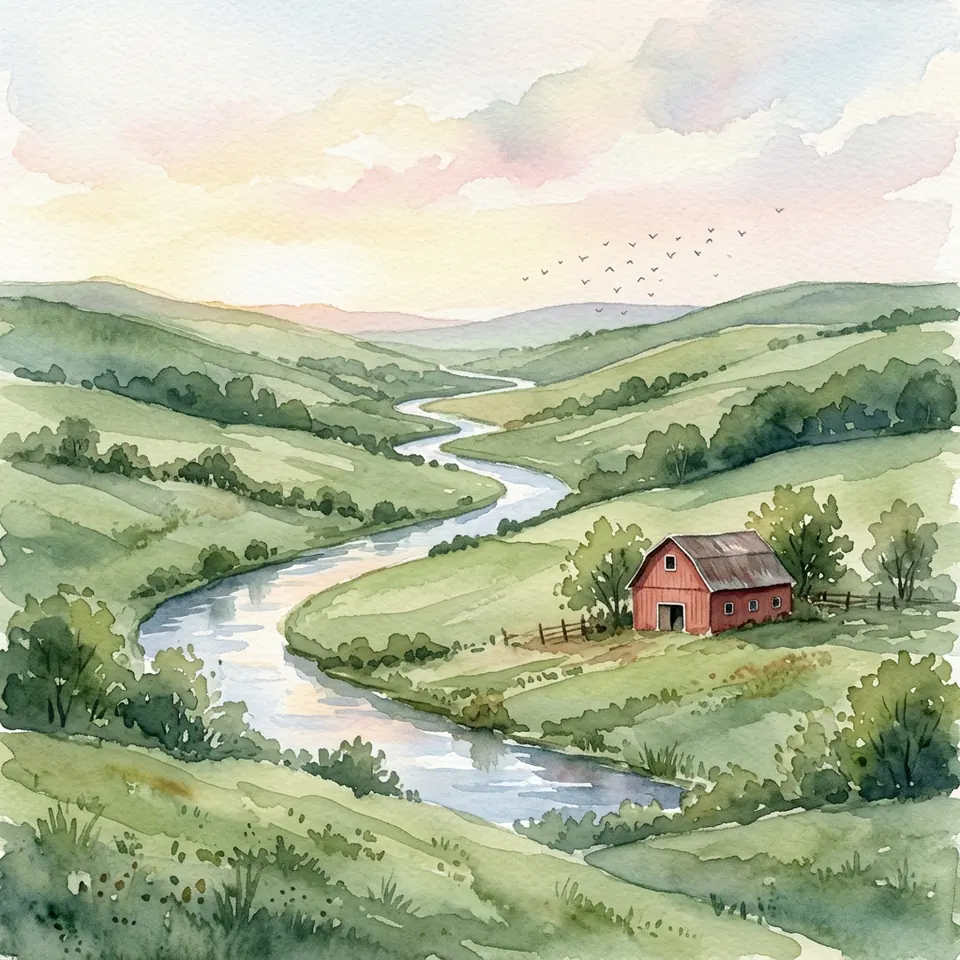 The same watercolor landscape of green hills and a red barn made in 1:1