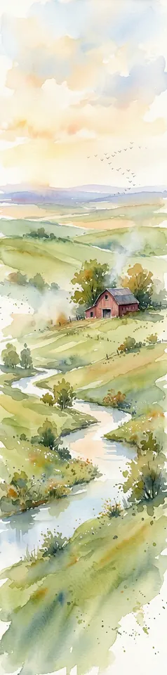 The same watercolor landscape of green hills and a red barn made in 1:4