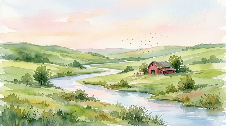 The same watercolor landscape of green hills and a red barn made in 16:9