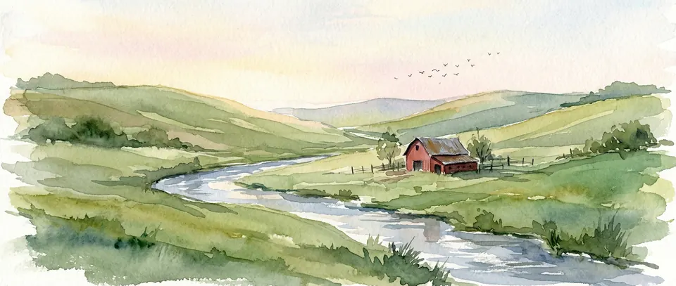 The same watercolor landscape of green hills and a red barn made in 21:9
