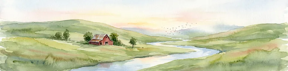 The same watercolor landscape of green hills and a red barn made in 4:1