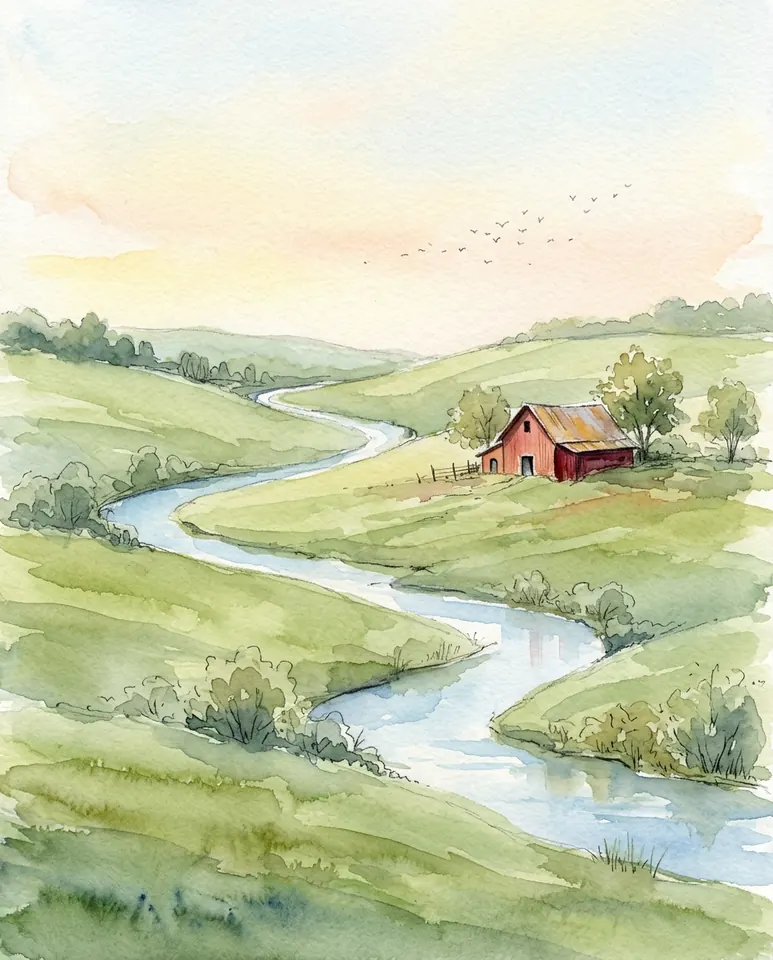 The same watercolor landscape of green hills and a red barn made in 4:5