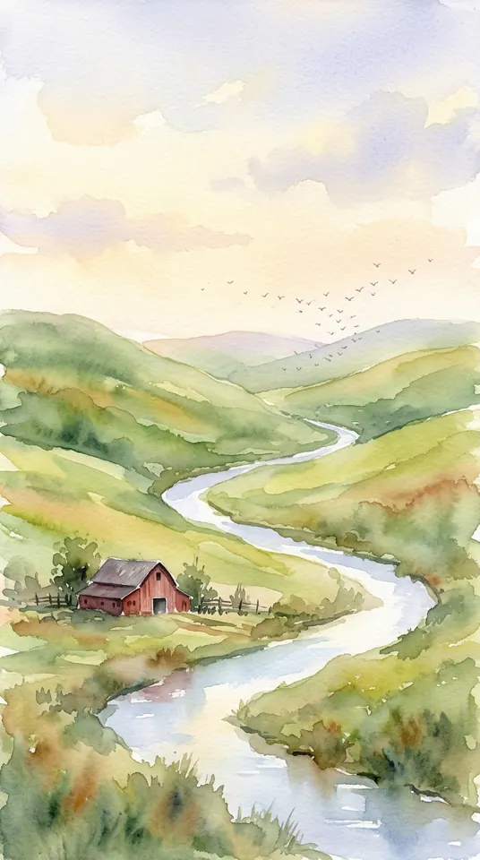 The same watercolor landscape of green hills and a red barn made in 9:16