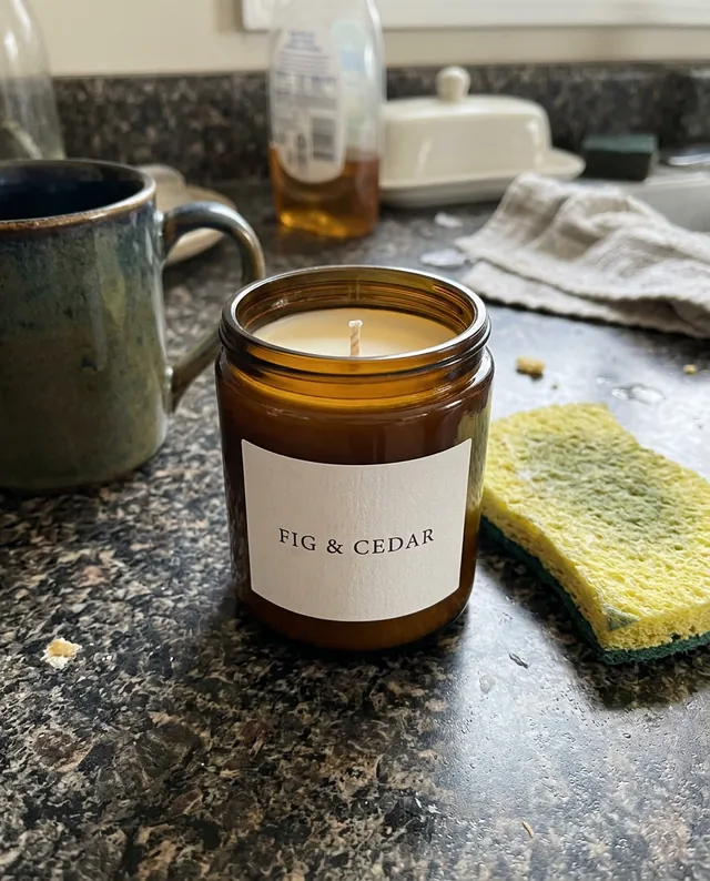 Phone photo of an amber jar candle on a messy kitchen counter next to a sponge and a mug