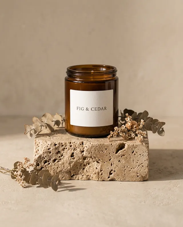 The same candle on a travertine pedestal with dried flowers against a clean beige background