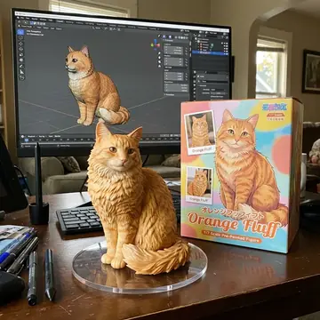 After: the same cat as a collectible figure on a desk