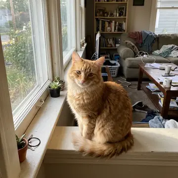 Before: a phone photo of an orange cat on a windowsill