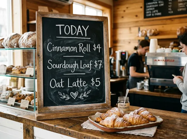 Nano Banana 2: a bakery chalkboard menu reading Today, Cinnamon Roll $4, Sourdough Loaf $7, Oat Latte $5