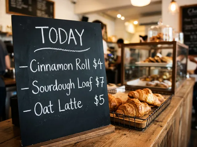 Nano Banana 2.1: a bakery chalkboard menu reading Today, Cinnamon Roll $4, Sourdough Loaf $7, Oat Latte $5