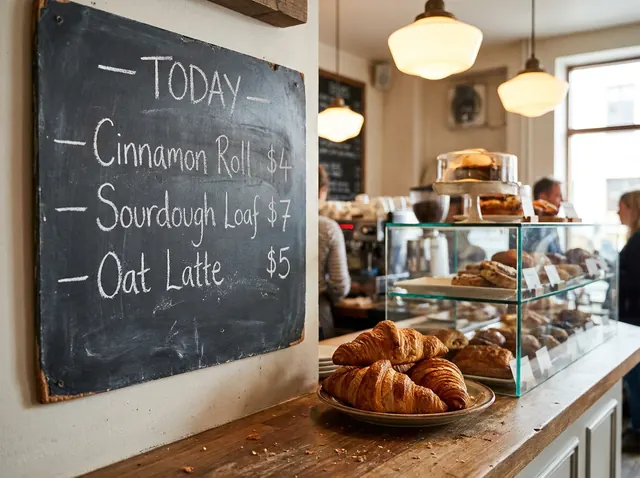 Nano Banana Pro: a bakery chalkboard menu reading Today, Cinnamon Roll $4, Sourdough Loaf $7, Oat Latte $5