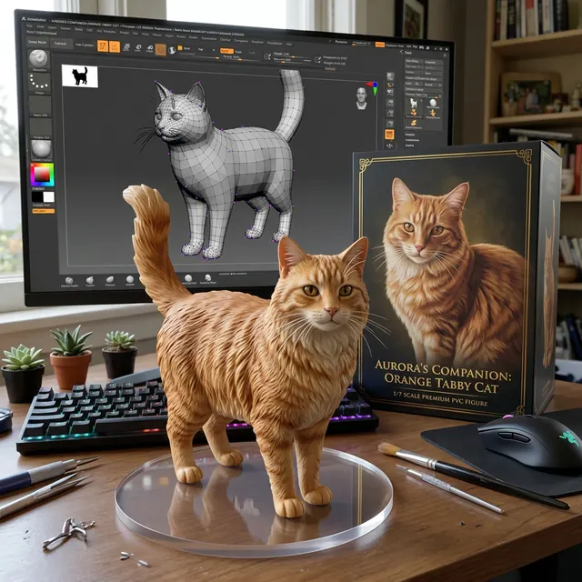 Nano Banana 2: the cat as a collectible figure on a desk with its toy box