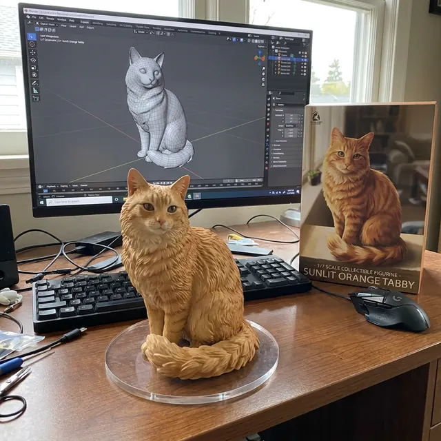 Nano Banana Pro: the cat as a collectible figure on a desk with its toy box