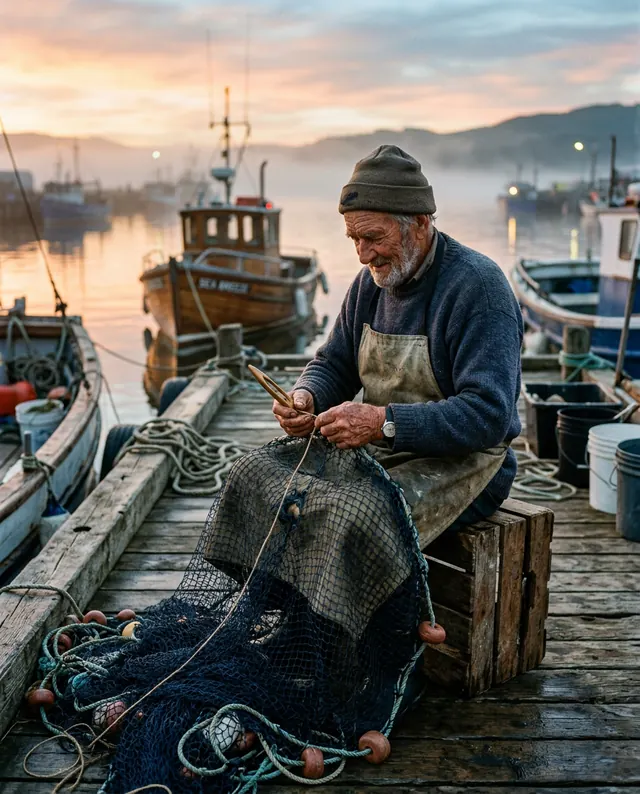 Nano Banana 2: a photo of an elderly fisherman mending a net on a wooden dock at dawn
